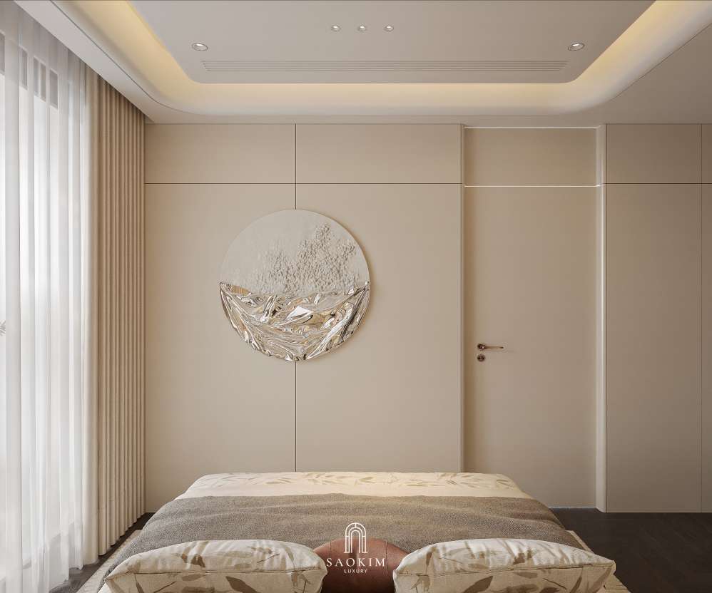 Không gian phòng ngủ trang nhã trong thiết kế nội thất chung cư cao cấp Lumière Evergreen phong cách Quiet Luxury
